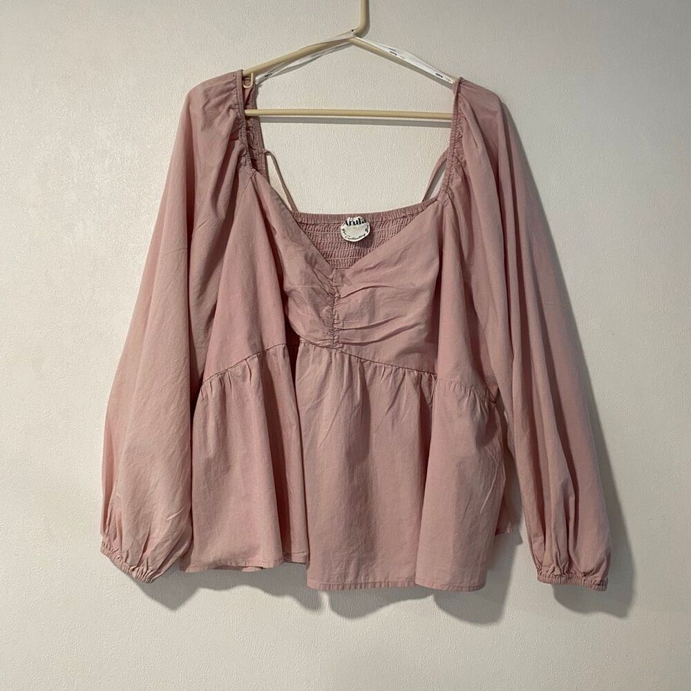 Arula Pink Peasant Babydoll Blouse Ruched Bust Long Sleeve Size C Boho Top